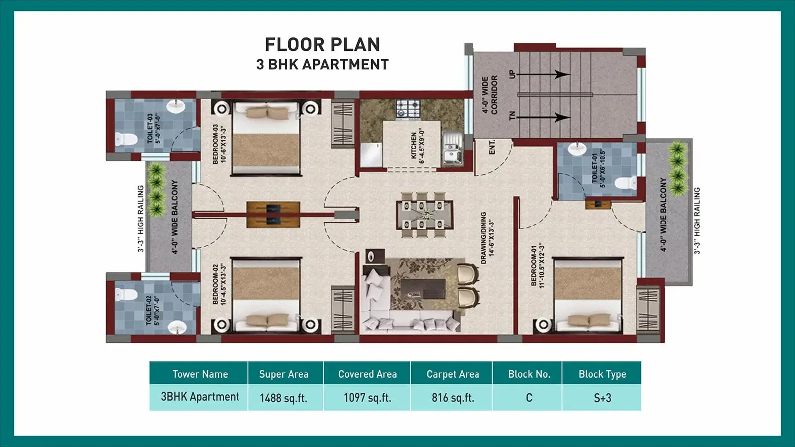 3BHK - 1488 sq. ft.
