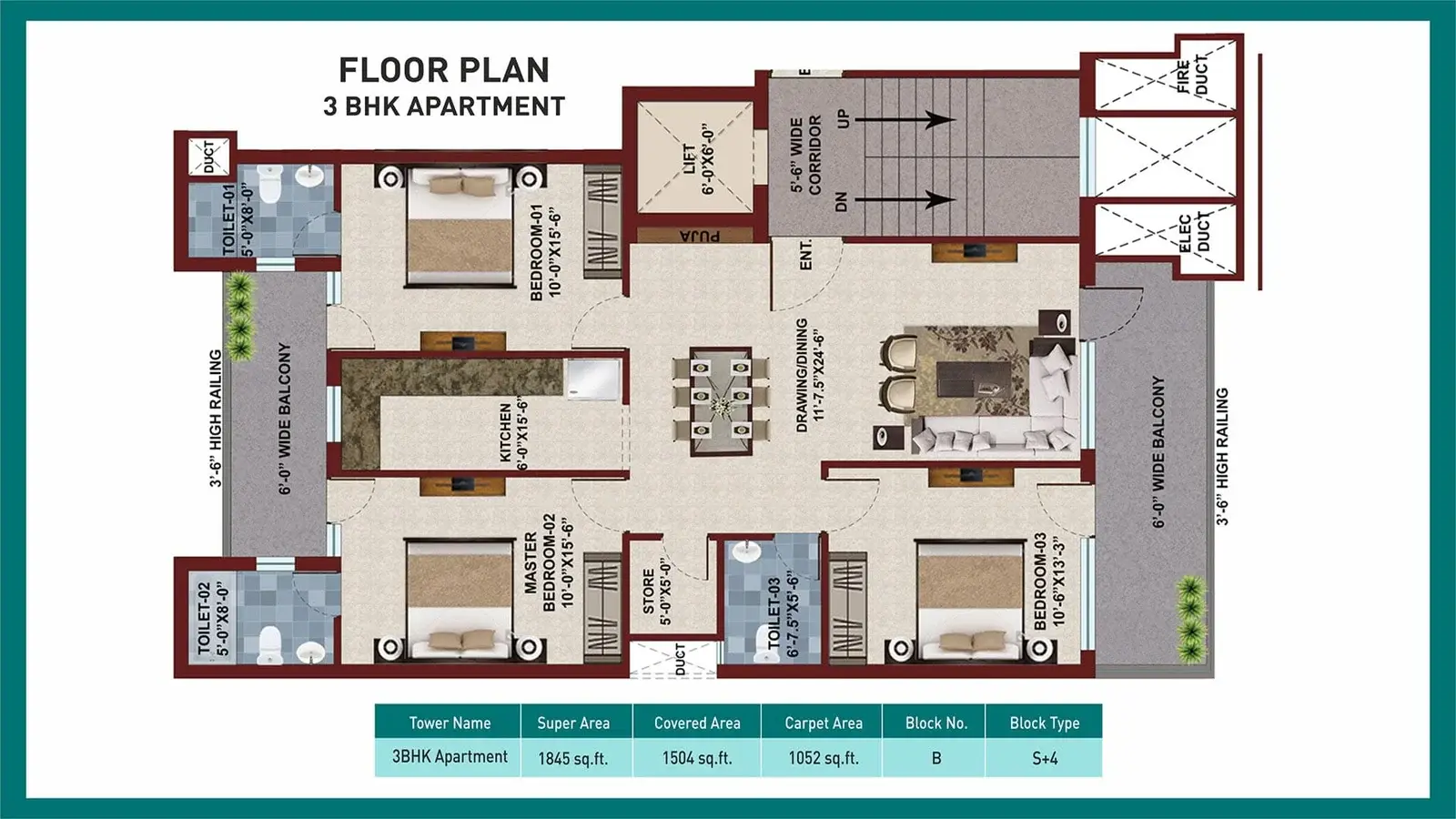 3BHK - 1845 sq. ft.